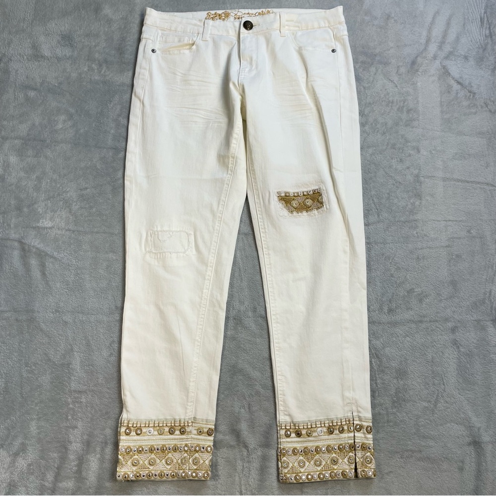 Desigual Jeans 32 Womens Exotic Cream Embroidered Indian Style Ankle Zip‎